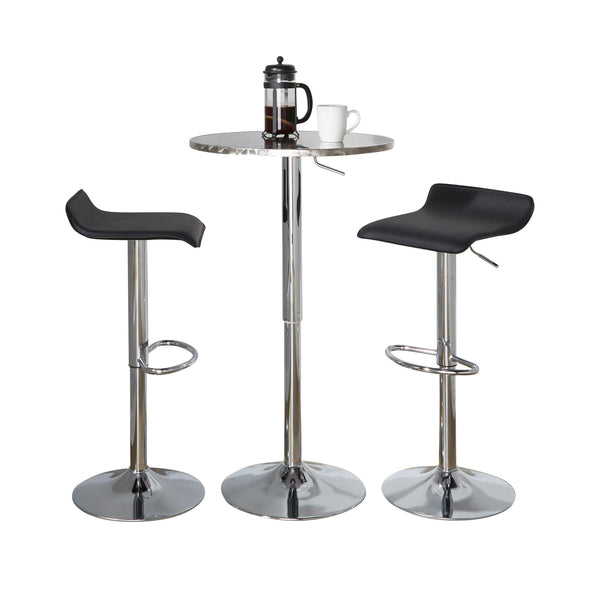 English Elm Bistro Round-Ale Adjustable Bar Set by LumiSource - Modern Silver Chrome Table with Black PVC Stools B202S01470