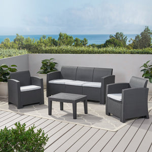 English Elm Christopher Knight Home® - 5 Seater Outdoor Wicker Chat Set with Waterproof Removable Cushions, Durable Polypropylene, Charcoal 61311.00