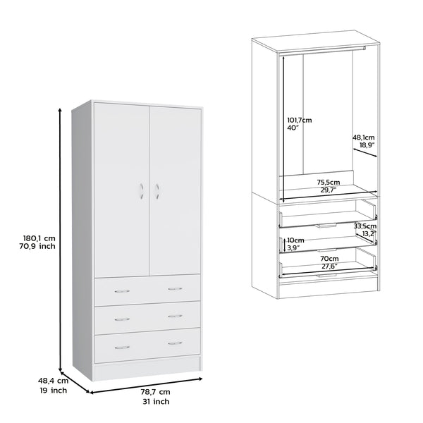 English Elm Armoire Melfa 71" H with 2 doors, 3 drawers and hanging rod for organized, elegant bedroom storage White 35 L x 24 W x 6 H B097S00120