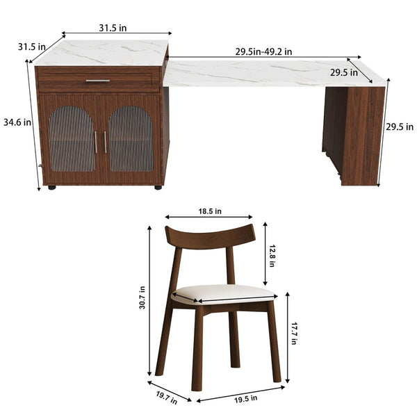 English Elm 80-inch Expandable Island Dining Set Walnut Marble Top Power Outlets 4 Wood Chairs W2700S00141