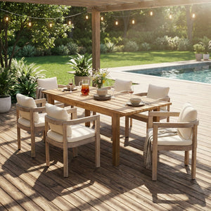 English Elm 7 Piece Solid Acacia Hardwood Extendable Outdoor Dining Set with Cream Cushioned Chairs Light White,Teak 60322.00_N762P380633K6