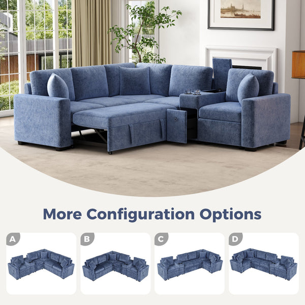 English Elm 120.5" L-shaped Convertible Sofa Bed Modular Sectional with Pull-Out Sleeper, Chenille, Storage, Cup Holders Blue N719S001940C