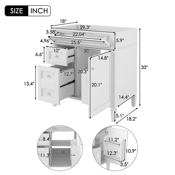 English Elm 30'' Modern Bathroom Vanity Cabinet with Roman Legs, 3 Drawers, Adjustable Shelf, Tip-Out Drawer, Durable MDF/Solid Wood White N710P236988K
