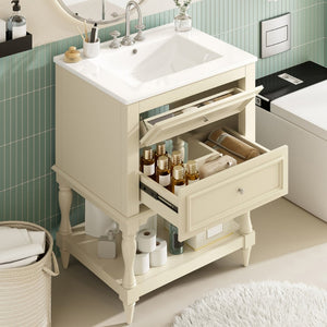 English Elm 24'' Retro Bathroom Vanity Mdf Cabinet with Ceramic Sink Open Shelf and 2 Drawers Beige N710P405414Y