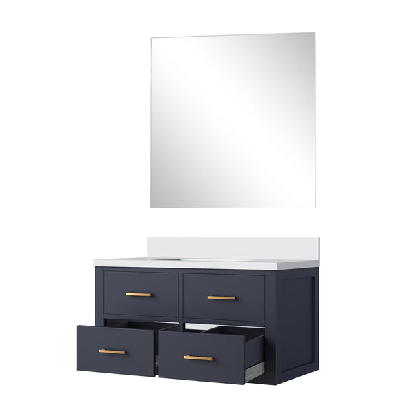 English Elm Blue Elegant Single Bath Vanity Set With White Quartz Countertop, Soft-Close Doors & Frameless Mirror B2731S01435