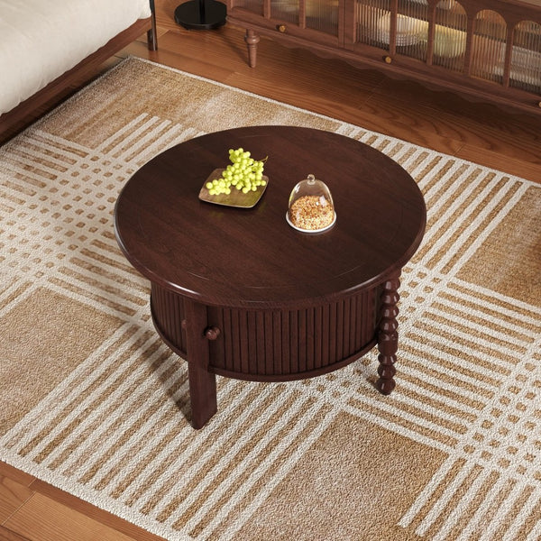 English Elm Vintage Round Coffee Table With Hidden Storage - Mid Century Modern Accent Table For Small Spaces N735P277387D-GIGA