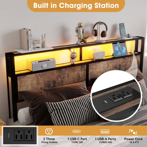 English Elm Queen Metal Platform Bed with Rgb Led Headboard Charging Station and Underbed Storage T3963P483719