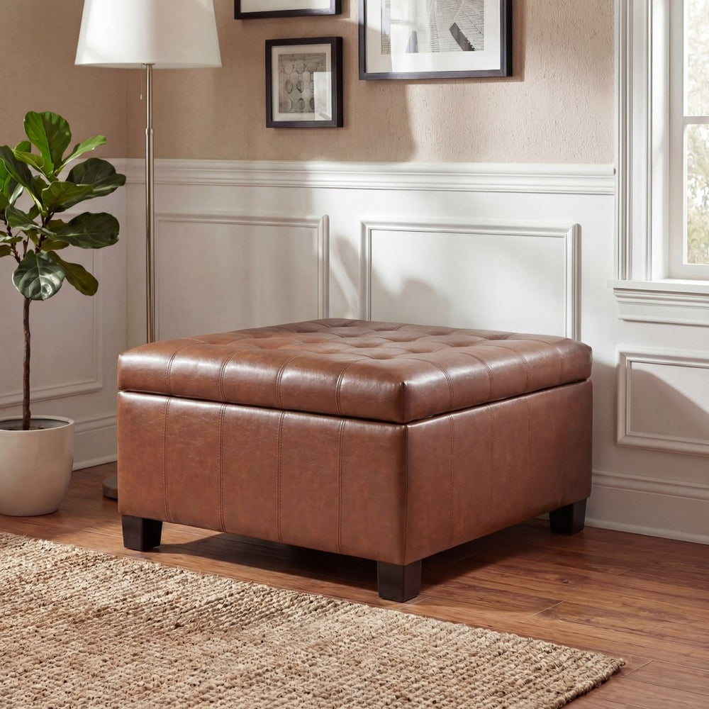 English Elm Black Tufted Pu Lift Top Storage Ottoman with Rubberwood Legs for Living Spaces Light Brown N779P404084L