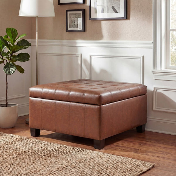 English Elm Black Tufted Pu Lift Top Storage Ottoman with Rubberwood Legs for Living Spaces Light Brown N779P404084L