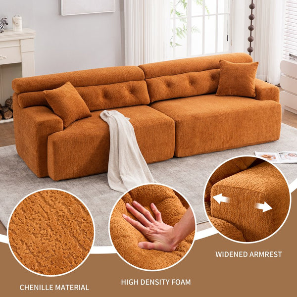 English Elm LY-029 Amber Orange Reconfigurable 4-Seater Modular Sofa with Wood-Grain Chenille, 2 Pillows, Cozy Comfort W2231S00022