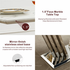 English Elm Marble Dining Table For 6-8, Modern Rectangular Faux Marble Top With Polished Stainless Steel Base W3456S00046