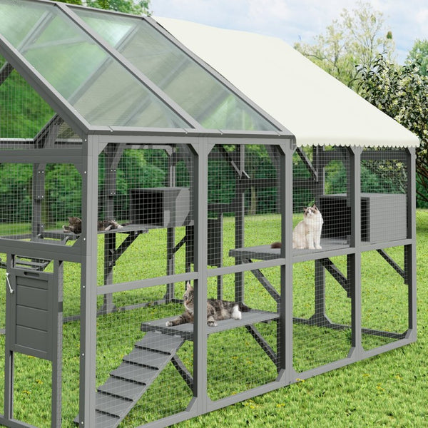 English Elm Large Walk-in Pine Catio Multi-cat Enclosure with Seven Platforms and Weatherproof Roof N704G201613E