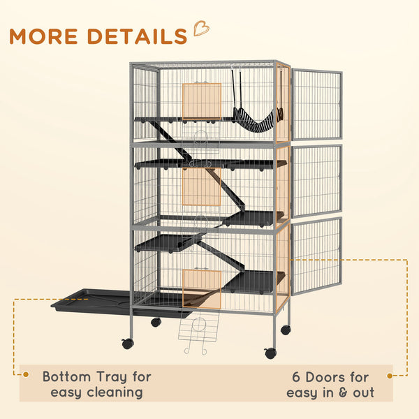 English Elm PawHut 63" 6-Tier Small Animal Habitat with Hammock, Heavy-Duty Steel Cage, Wheels & Removable Tray Gray W2225P217534