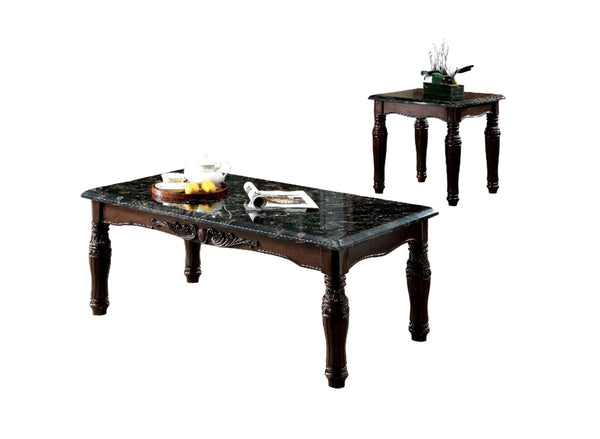 English Elm Traditional Espresso 3-Piece Coffee & End Table Set with Faux Marble Tops, Carved Turned Legs, Solid Wood Finish B011P206780