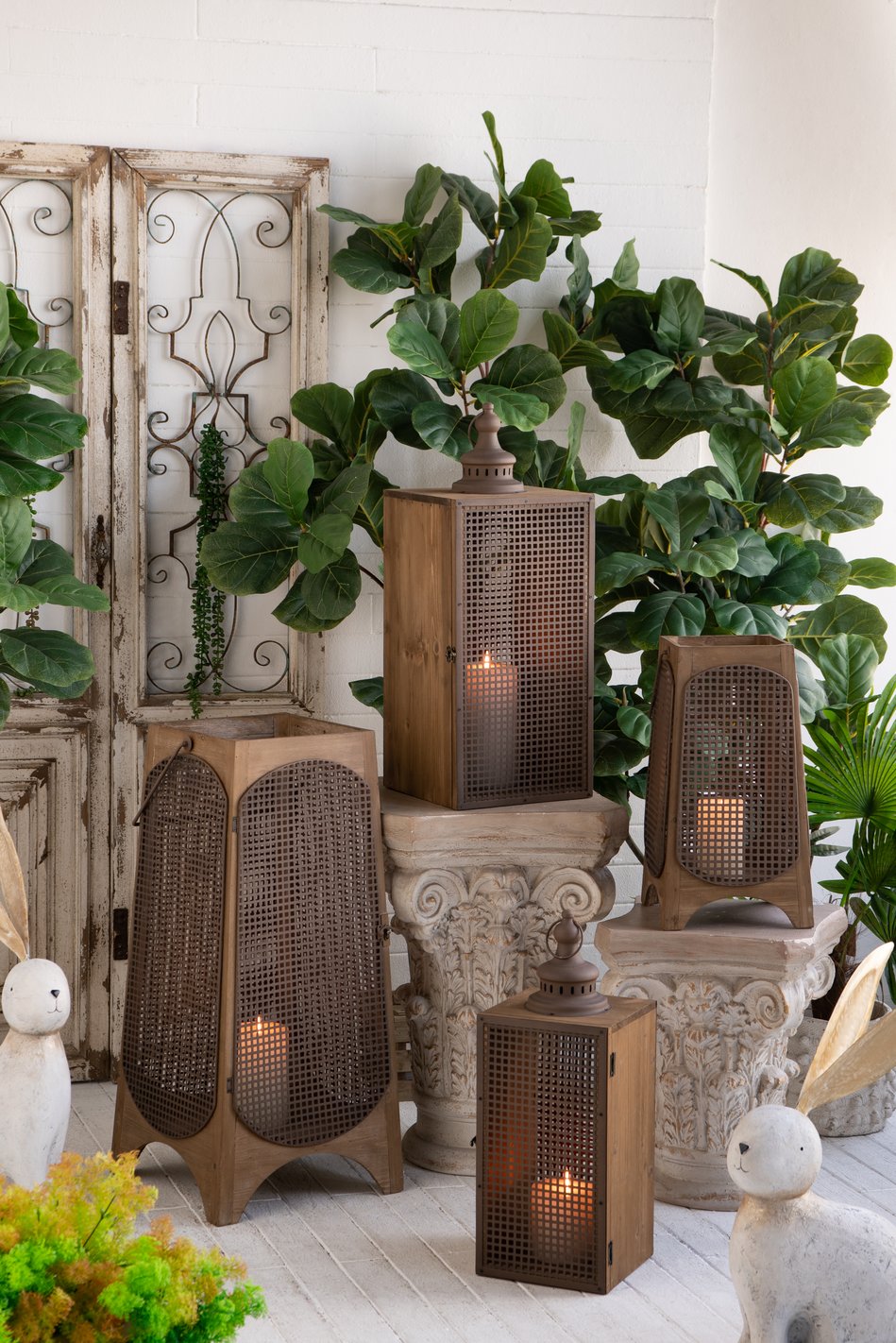 English Elm S/2 Weathered Brown Lanterns with Arched Legs, Textured Mesh Panels, Vintage Glow for Home Decor W2078P370135