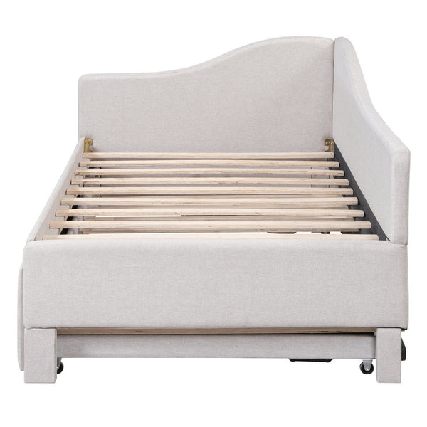 English Elm Twin L-shaped Linen Upholstered Daybed with Hydraulic Pop-up Trundle for Guest Rooms Beige SF000193AAA-1