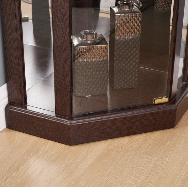 English Elm Lighted Corner Curio Cabinet - Stylish Dark Cherry Display Case For Collectibles & Barware Storage W1758P294618