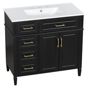 English Elm 36 Inch Freestanding Bathroom Vanity Sage Pine Cabinet Gold Hardware Ceramic Sink Black N725P366466B