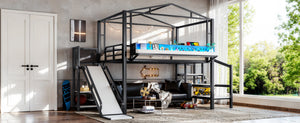 English Elm Twin Metal Loft Bed with Built-in Wardrobe Storage Stairs Led Lights and Usb Ports W5316S00047