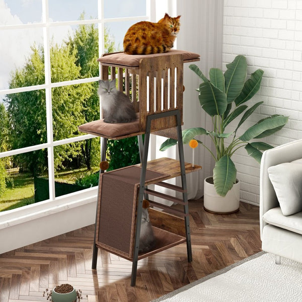English Elm Modern 58 Inch Cat Tower with Sisal Scratching Mat Hammock and Perch for Large Breeds W2641P460041