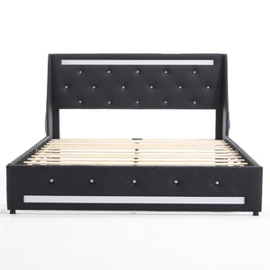 English Elm Queen Platform Bed Wingback Diamond Quilted Headboard Led Lighting Storage Drawers Black W5722P462392