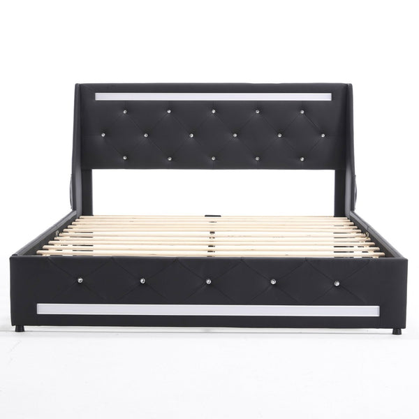 English Elm Queen Platform Bed Wingback Diamond Quilted Headboard Led Lighting Storage Drawers Black W5722P462392