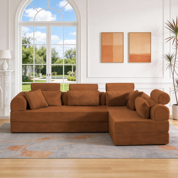 English Elm L Shaped Corduroy Sectional Sofa Converts to Sleeper Bed Space Saving Modular Couch Orange W5532S00004