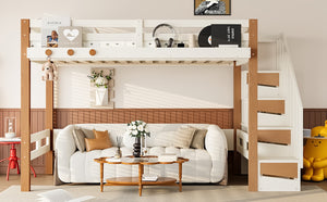 English Elm Twin Pine Wood Loft Bed with Built-in Shelving and Hook for Kids Bedroom W5305S00010