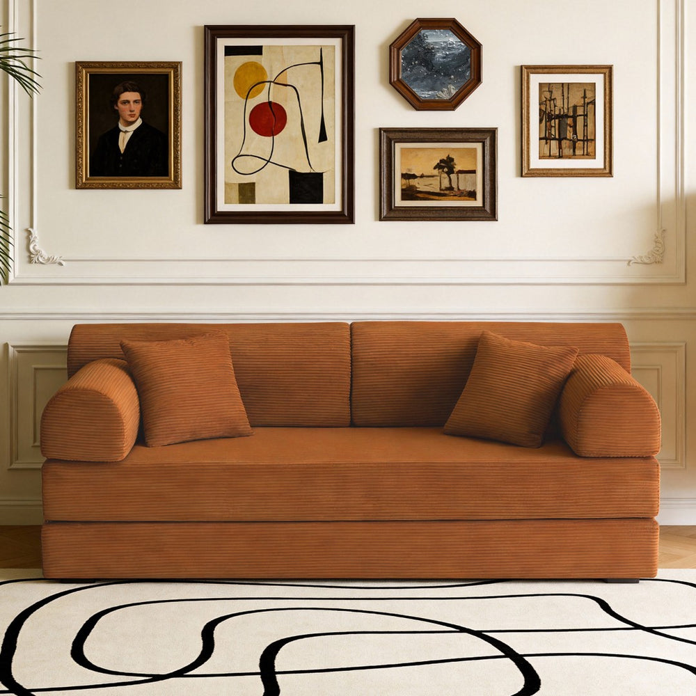 English Elm Convertible Corduroy Floor Sofa Folds Flat as Sleeper Daybed for Studio Living Orange W5532P438817