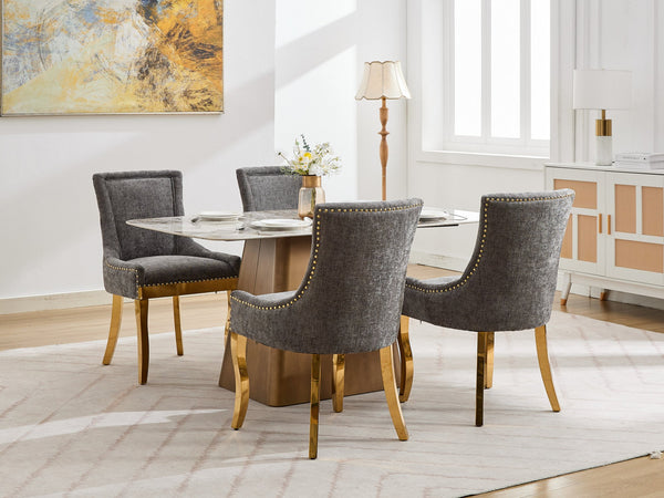 English Elm Chenille Modern Dining Chair with Curved Gold-Plated Legs, Rivet Trim, Textured Upholstery Comfort Gray W1143P332686