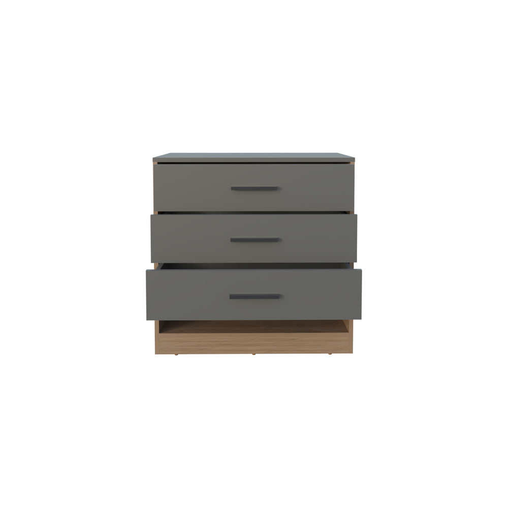 English Elm Dresser, Matte Gray 3-Drawer Chest with Open Shelf, Compact Engineered Wood, Modern Oak Accents B097P296804
