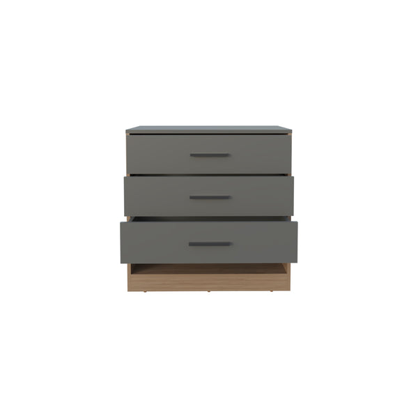 English Elm Dresser, Matte Gray 3-Drawer Chest with Open Shelf, Compact Engineered Wood, Modern Oak Accents B097P296804