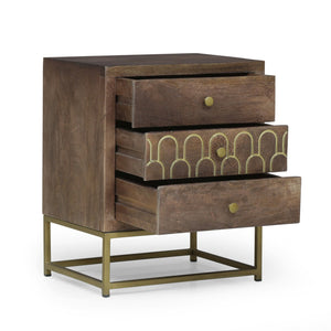 English Elm Christopher Knight Home® - NIGHT Mango Wood Nightstand Walnut with Gold Iron Legs, 3 Drawers, Mid-Century Modern Storage 68570.00