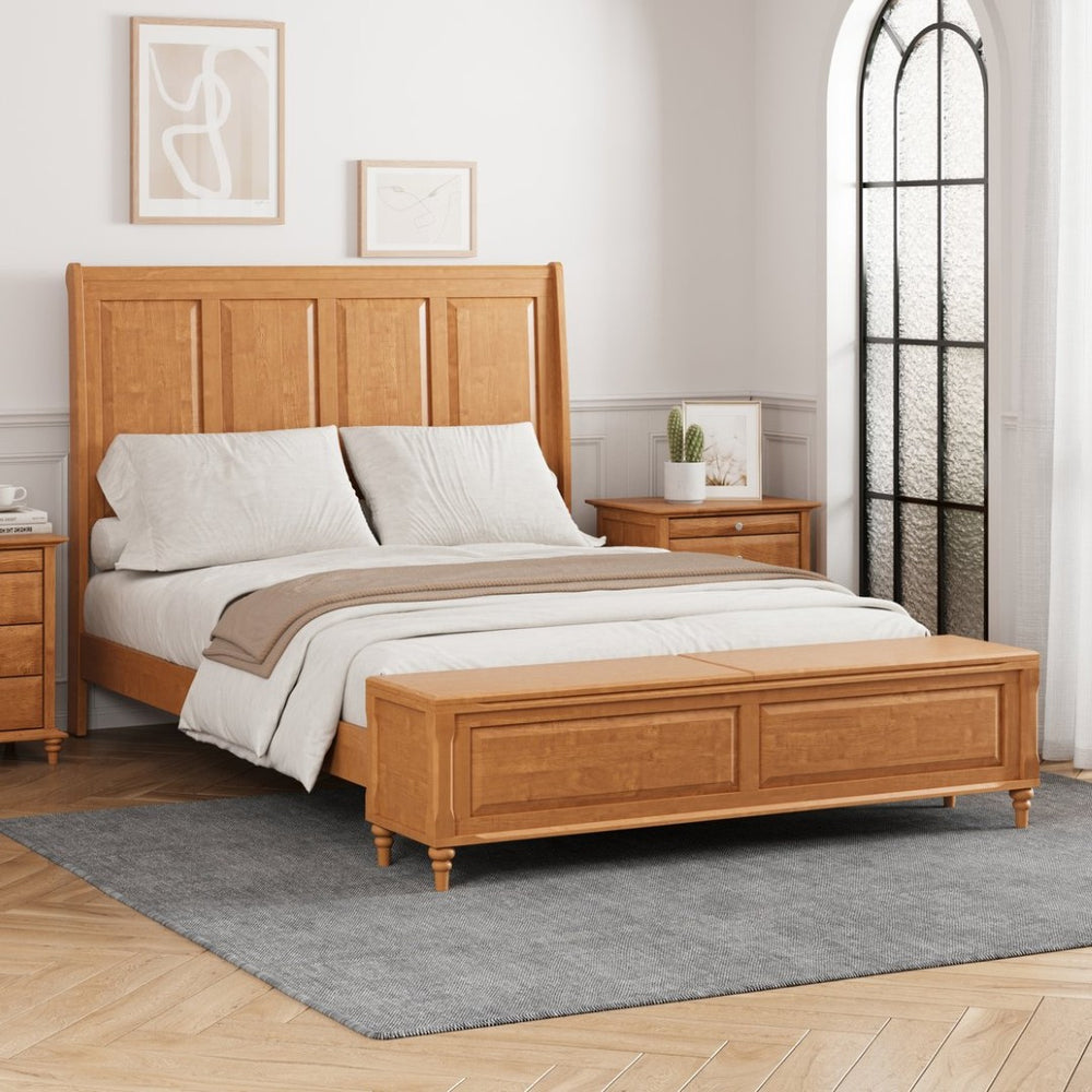 English Elm Queen Sleigh Bed Solid Rubberwood Walnut Finish Curved Headboard Footboard Storage Bench W1716S00035