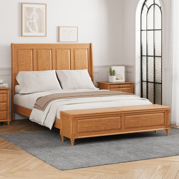 English Elm Queen Sleigh Bed Solid Rubberwood Walnut Finish Curved Headboard Footboard Storage Bench W1716S00035