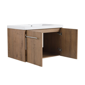 English Elm 30 30 Inch Soft Close Vanity with Resin Sink, Open Shelf Storage & Rust‑Resistant Metal Handles, KD-Pack W999P188194