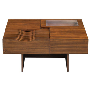 English Elm VIBE Mid Century Square Coffee Table with Tempered Glass Display, 3 Drawers, Solid Wood Craftsmanship Brown N724P270432D