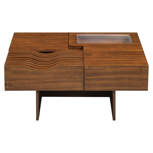 English Elm VIBE Mid Century Square Coffee Table with Tempered Glass Display, 3 Drawers, Solid Wood Craftsmanship Brown N724P270432D