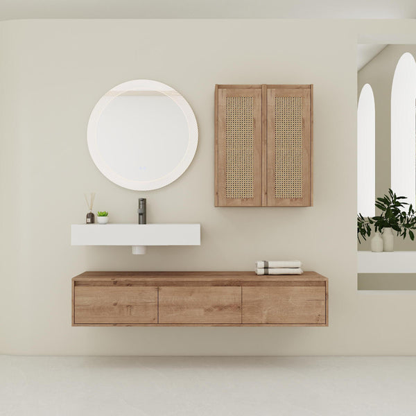English Elm 60-Inch Wall-Mounted Bathroom Vanity With Integrated Resin Sink, Soft-Close Drawers & Elegant Oak Finish W999S00358
