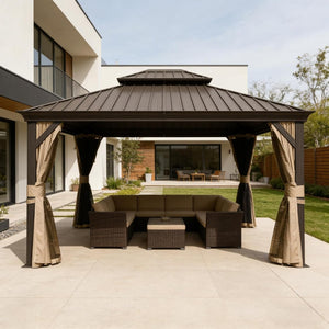 English Elm 13x15ft Hardtop Gazebo Galvanized Steel Double Roof Ventilated Patio Shelter with Netting Brown W1859S00206