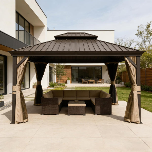 English Elm 13x15ft Hardtop Gazebo Galvanized Steel Double Roof Ventilated Patio Shelter with Netting Brown W1859S00206