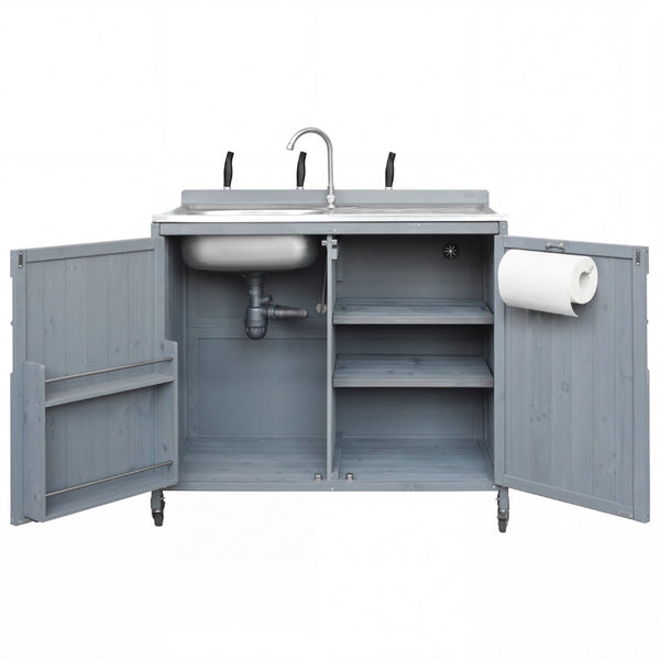 English Elm K&k Outdoor Prep Station Stainless Steel Top Fir Wood Cabinet with Drawer and Wheels N707P370281G