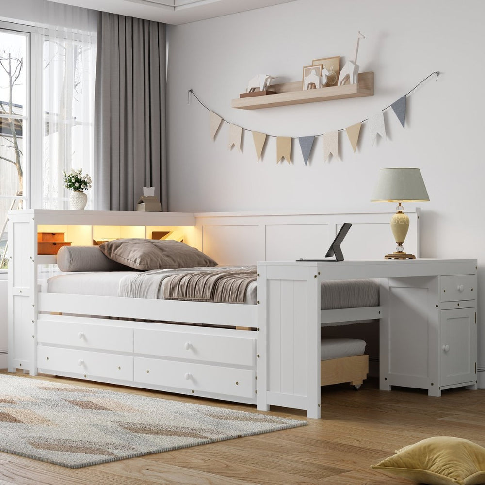English Elm Full Size Multifunctional Daybed with Trundle Desk Led Lighting and Built in Storage White N7090000475K
