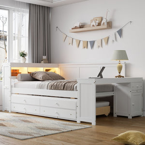 English Elm Full Size Pine Wood Platform Daybed with Led Headboard Desk Storage and Charging White N7090000475K-1