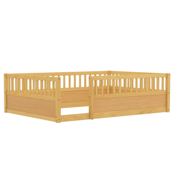 English Elm Full Montessori Floor Bed Frame with Fence for Kids — Pine Play & Reading Space, Sturdy Low Profile Natural W1580P307884