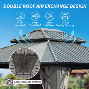 English Elm 8' Hardtop Gazebo 8x10 Aluminum Pavilion with Double Roof, Curtains & Netting for Outdoor Events Grey W1859S00148