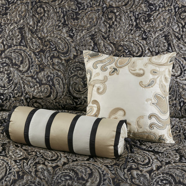 English Elm 5 Piece Aubrey Reversible Jacquard Bedspread Set King with Paisley Motif, Gold Sheen, Quilted Elegance Black 22.83 L x 18.11 W x 8.27 H B03597642