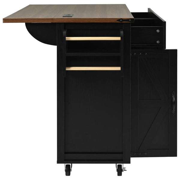 English Elm K&k Farmhouse Rolling Kitchen Island with Drop Leaf Power Outlets and Storage Cabinet Black N707S170348B