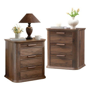 English Elm 22" Fluted Wood Nightstand with Built-in Charging Station Three Drawer Bedside Storage T5326P431148