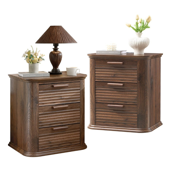English Elm 22" Fluted Wood Nightstand with Built-in Charging Station Three Drawer Bedside Storage T5326P431148
